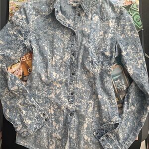 Diesel Blue and White Patterned Casual Button-Up